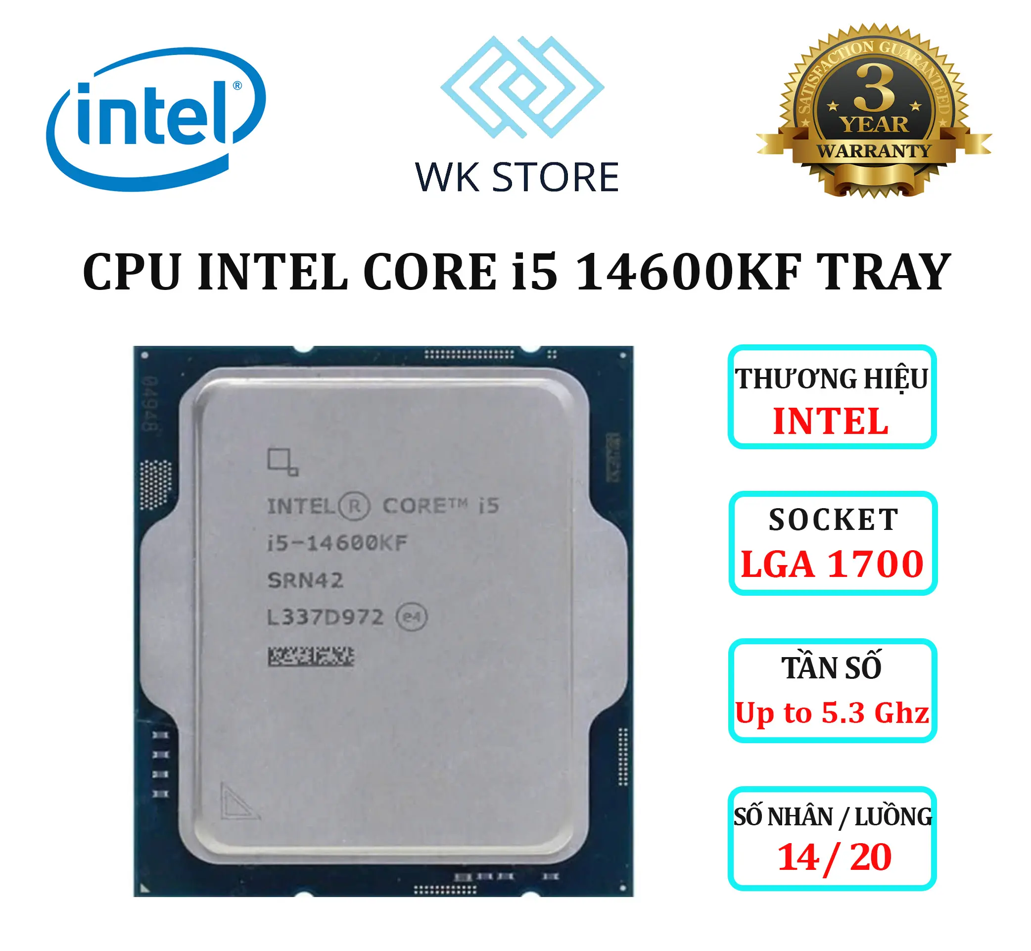 CPU Intel Core i5-14600KF Tray | Up To 5.3GHz / 14 Nhân 20 Luồng / LGA 1700 Mới (Bảo Hành 36 Tháng)